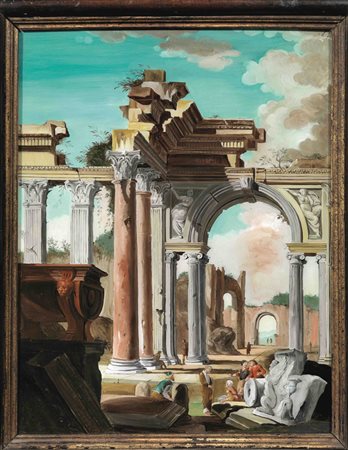 Maniera di Giovanni Paolo PaniniCAPRICCIO ARCHITETTONICO CON FIGUREolio su...