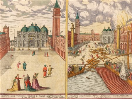 Venezia - Braun, Georg - Hogenberg, Abraham - Augusti apud Venetos templi D. Marci accuratissima effiguratio. Depinxit Georgius Houfnaglius Anno 1578 ; Palatii Senatorii apud Venetos conflagratio
