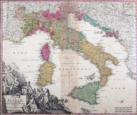 Italia - cartografia - Homann, Johann Baptist - Statuum totius Italiae novissima repraesentatio geographica simul exsibens insulas Siciliae Sardiniae Corsicae et Maltae