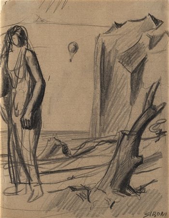 Mario Sironi "Paesaggio con figura, albero rocce e pallone aerostatico" 1927 cir