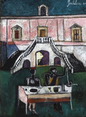 Franco Gentilini "Banchetto davanti al palazzo" 1980
olio su cartone sabbiato e