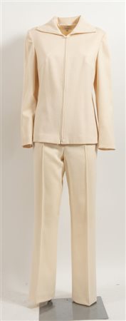 LA PERLA Completo giacca e pantalone in lana color panna con chiusure a...