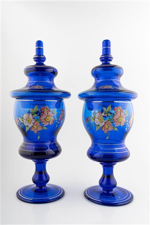 Coppia di vasi a balaustro in vetro blu e oro