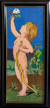 Placca in maiolica Longwy con decoro di Cupido che porge una rosa