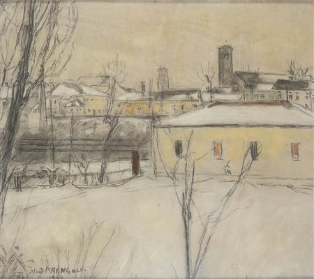 NINO SPRINGOLO (Treviso, 1886 - 1975): Paesaggio innevato, 1950