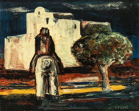 SALVATORE FIUME (Comiso, 1915 - Milano, 1997): Paesaggio con uomo a cavallo 
