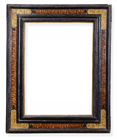 Cornice in legno ebanizzato e angoli dorati e bulinati. Marche XVII secolo