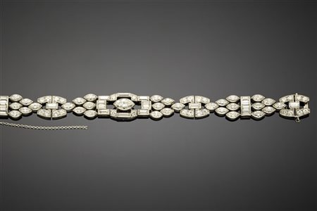 Bracciale modulare in platino, oro, diamanti a navette, baguette e rotondi per