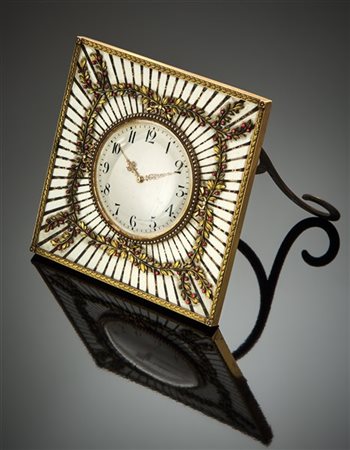 FABERGE'
"A jewelled, gold-mounted silver-gilt and enamel desk timepiece, Faber