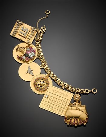 Bracciale appartenuto a Sophie Tucker a catena in oro giallo 585/1000 con sei g