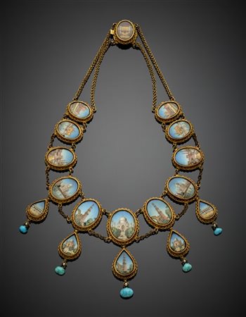 Collana formata da dodici miniature ovali e cinque pendenti a goccia raffiguran