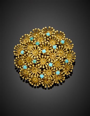 POMELLATO
Spilla in oro giallo in parte satinato e turchesi, g 27,15 circa, lun
