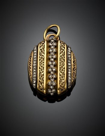 Portafoto in oro giallo e argento sbalzato e traforato rifinito con diamanti a