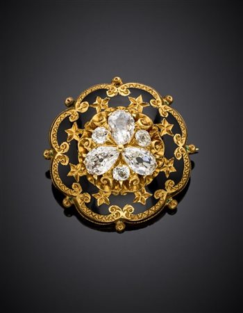 Broche/pendente polilobata in oro giallo con smalti neri e diamanti old mine a