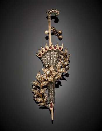 Broche a ombrello in oro rosso 333/1000, argento, diamanti a mezza rosetta e pa