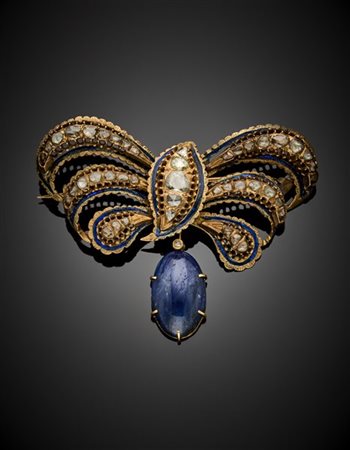 Spilla a fiocco in oro giallo 333/1000 con smalti, diamanti a mezza rosetta e u