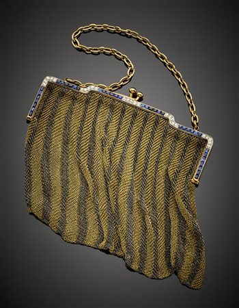 Borsetta a rete in oro giallo 585/1000 e argento con diamanti rotondi, zaffiri