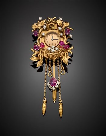 WALSER WALD
Spilla a orologio a cucù in oro giallo e platino con diamanti roton