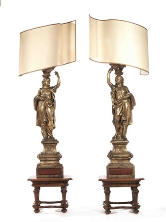 Coppia di statue portacero, Toscana, metà sec. XVIII, in legno scolpito e...