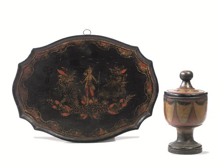 Vassoio, Veneto, sec. XIX, di forma ovale sagomata in legno laccato nero e...