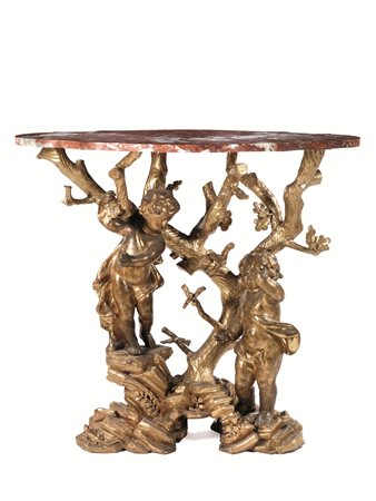 Console, Roma, prima metà sec. XVIII, in legno intagliato, scolpito e dorato,...