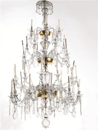 Grande lumiera in vetro e cristallo a tre ordini di luci, bracci mossi con...