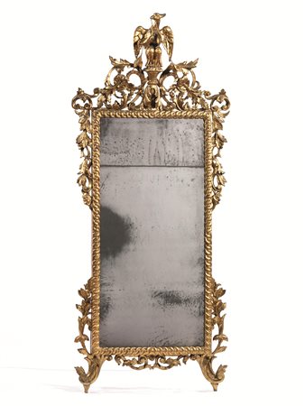 Specchiera, Toscana fine sec. XVIII, in legno intagliato e dorato, cimasa...