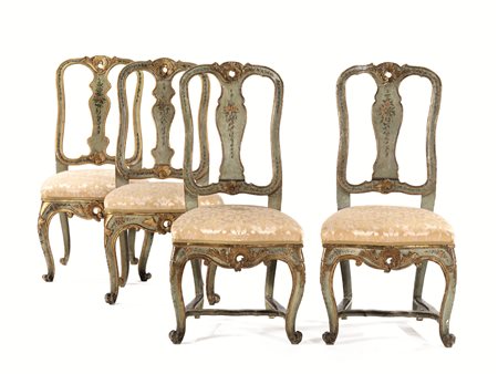 Tre sedie, Veneto, metà sec. XVIII, in legno intagliato e dipinto nei toni...