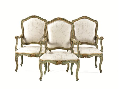 Tre poltrone, Italia centrale, metà sec. XVIII, in legno intagliato e dipinto...