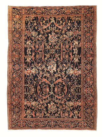 Tappeto Saruk persiano, sec. XIX, fondo blu con decori floreali stilizzati...