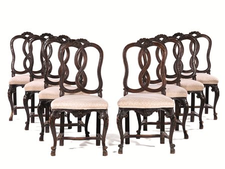 Otto sedie, Veneto, seconda metà sec. XVIII, in noce intagliato a patina...