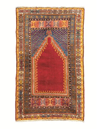 Preghiera anatolica Konya, inizi sec. XX, fondo azzurro con nicchia rossa,...