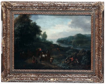 Paesaggio animato da contadini che ritornano dal mercato Adriaen Frans Boudenwyns (1644 - 1711) e Peeter Bout (1658-1719)