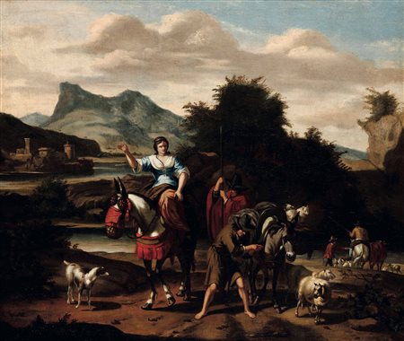 Johannes van der Bent (1650 Amsterdam-1690 Amsterdam), Paesaggio con pastori e viandanti