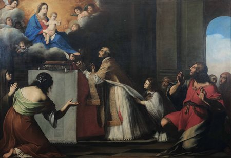 Niccolò Tornioli (1606 Siena-1651 Roma) attribuito a, Apparizione della Madonna con il Bambino a un santo sacerdote mentre celebra una funzione