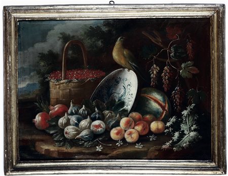 Nature morte con frutta, vasellame e volatili Scuola dell’Italia meridionale del XVIII secolo