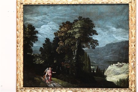 Paul Brill (1554 Anversa-1626 Roma), Paesaggi notturni con monaco al lavoro, Tobiolo e l'Angelo