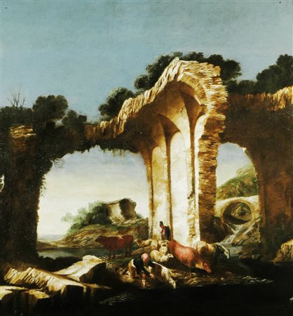 Antonio Travi (1608 Sestri Ponente-1665 Genova), Paesaggio con archietture, animali e pastori