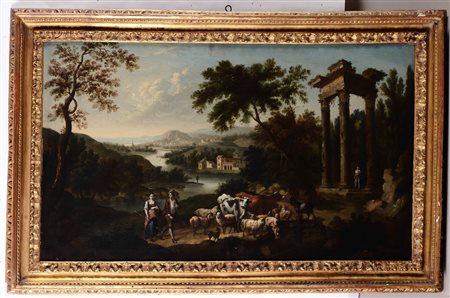 Tommaso Porta (1686 Brescia-1768 Verona), Paesaggio fluviale con pastori, armenti e rovine classiche