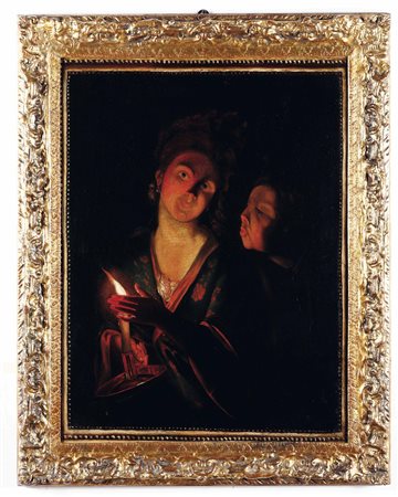 Arnold Boonen (1669 Dordrecht-1729 Amsterdam) ambito di, Donna e bambino al lume di candela