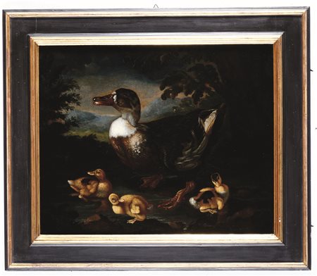 Coppia di dipinti con galline, pulcini, papere e anatroccoli Scuola lombarda del XVIII secolo