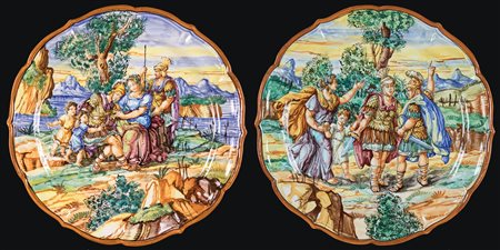  
Coppia di piatti in maiolica di Castelli, ceramista G. Giunti 
 diametro cm 36