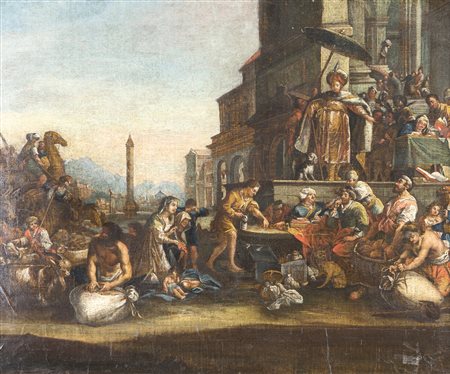 Breenbergh, Bartholomeus (Deventer, 1598 - Amsterdam, 1657) 
Giuseppe distribuisce il grano in Egitto 
olio su tela cm 45x57 - con la cornice: cm 59x69