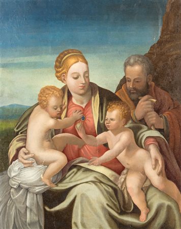 Scuola Toscana del XVII secolo ( - ) 
Sacra Famiglia con San Giovannino 
olio su tela applicata su tavola di epoca posteriore  cm 73x58