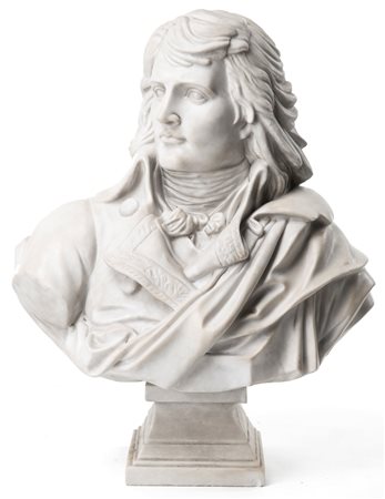Guillaume (seguace), Jean-Baptiste Claude Eugène (Montbard, 1822 - Roma, 1905) 
Busto in marmo bianco raffigurante Napoleone Bonaparte, seconda metà del XIX secolo 
 altezza cm 80 ca.
