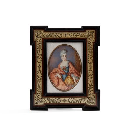 de Largillière, Nicolas (Parigi, 1656 - Parigi, 1746) 
Ritratto di Madame de Lambert 
tempera su avorio a sesto ovale cm 15,5x11 - con la cornice: cm 29x24