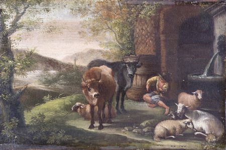 Scuola Romana del XVII secolo (1:Principale) ( - ) 
Paesaggio con figura e animali 
olio su tela cm 28x43 (s.c.)
