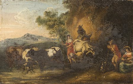 Scuola Romana del XVII secolo (1:Principale) ( - ) 
Paesaggio arcadico con figure e animali 
olio su tela cm 27x42,5 (s.c.)