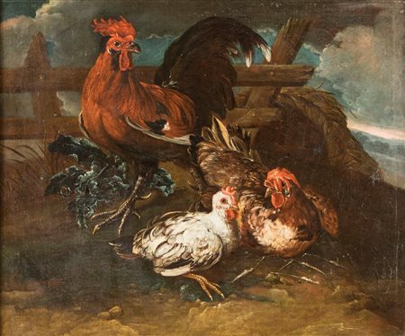 Giovanni Crivelli detto il Crivellino (attribuito) (1:Principale) (Parma, fine del XVII - Parma, 1760) 
Gallo e galline 
olio su tela cm 73x88 - con la cornice: cm 95x110