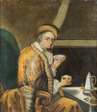Pittore del XVIII secolo ( - ) 
Personaggio rinascimentale a tavola 
olio su tela 50x44 - con la cornice: cm 64x59